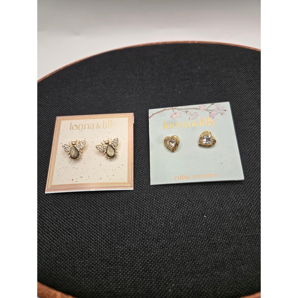 Lonna & Lilly Gold Tone Bee and Cubic Zirconia Heart Stud Earring Set 2 Pairs
